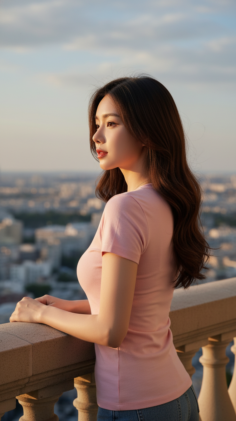 Tee cotton màu hồng nhẹ cho phong cách hiện đại và sang trọng giữa lòng phố thị