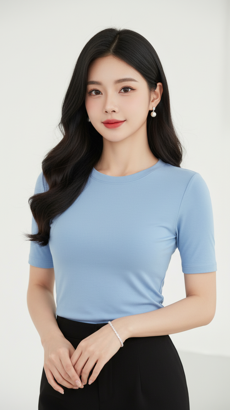 Tốp ngắn màu xanh nhạt tôn vẻ đẹp thanh lịch của cô gái Á Đông 22 tuổi