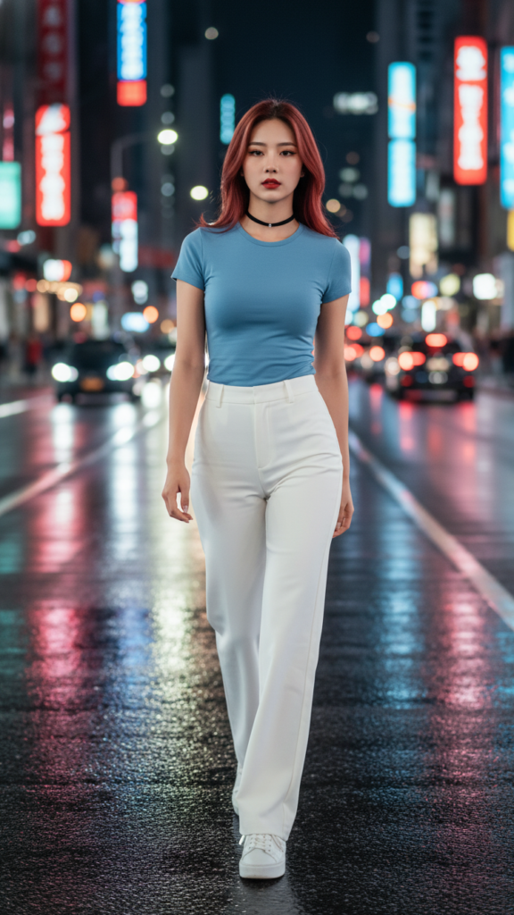 Phong cách tự tin với áo cotton xanh nhạt giữa phố phường sôi động