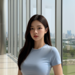 Phong cách hiện đại với áo thun xanh nhẹ và không gian glass mansion sang trọng