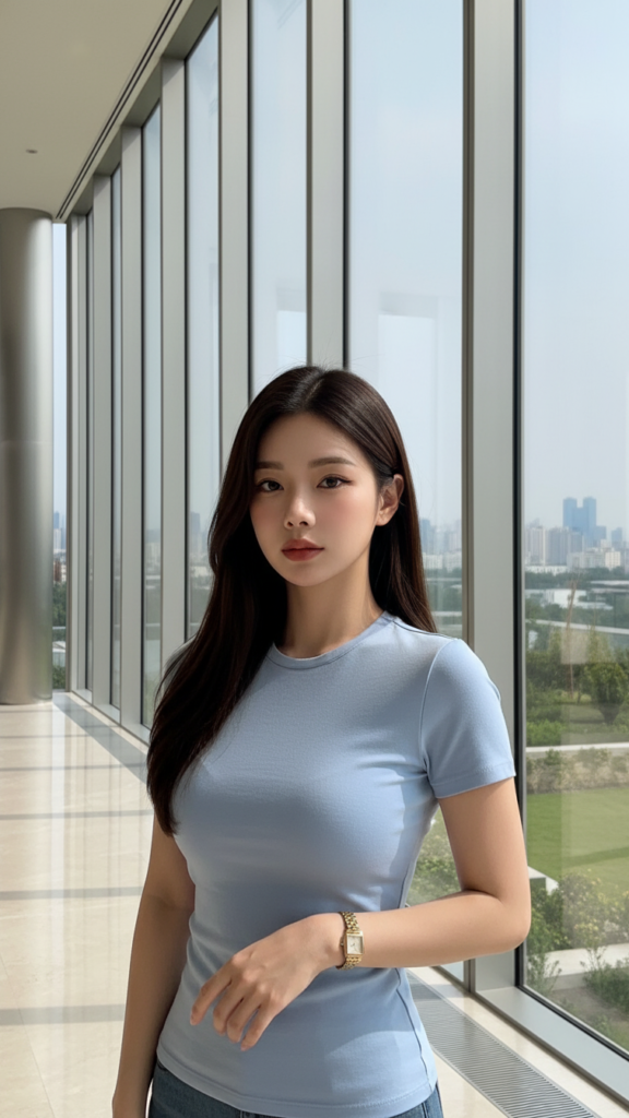 Phong cách hiện đại với áo thun xanh nhẹ và không gian glass mansion sang trọng