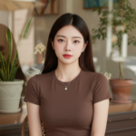 Áo sơ mi cotton nâu ngắn tay cho cô gái thanh lịch tại quán cafe sang trọng