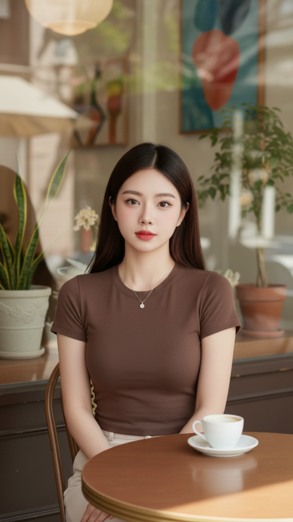 Áo sơ mi cotton nâu ngắn tay cho cô gái thanh lịch tại quán cafe sang trọng