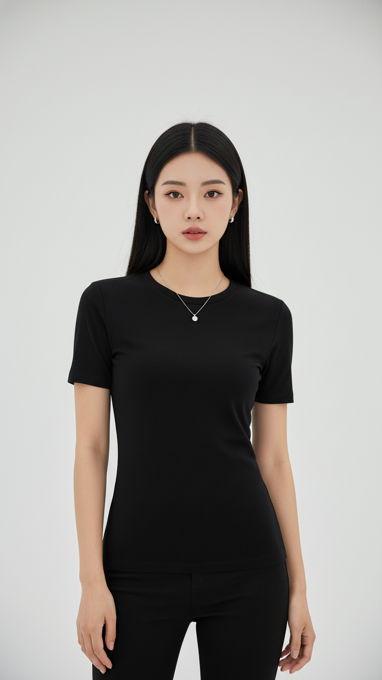 Cô gái tự tin với áo sơ mi cotton đen trong không gian thời trang sang trọng