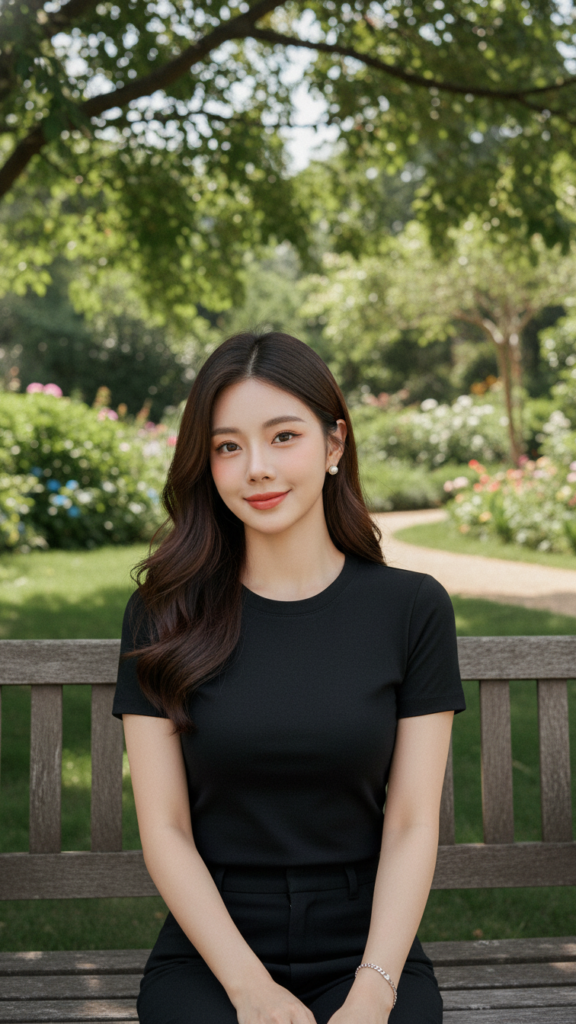 Áo sơ mi đen thanh lịch cho các cô gái trẻ trong không gian vườn tươi đẹp