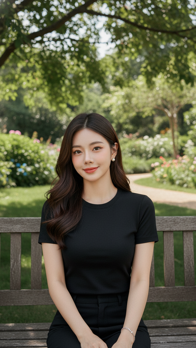 Áo sơ mi đen thanh lịch cho các cô gái trẻ trong không gian vườn tươi đẹp