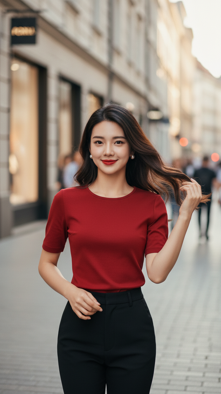 Áo blouse đỏ vừa vặn cho phong cách tự tin nơi phố thị sôi động