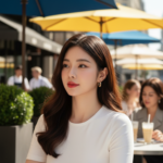 Cô gái trẻ tỏa sáng trong áo trắng tại quán cà phê sang trọng giữa lòng thành phố