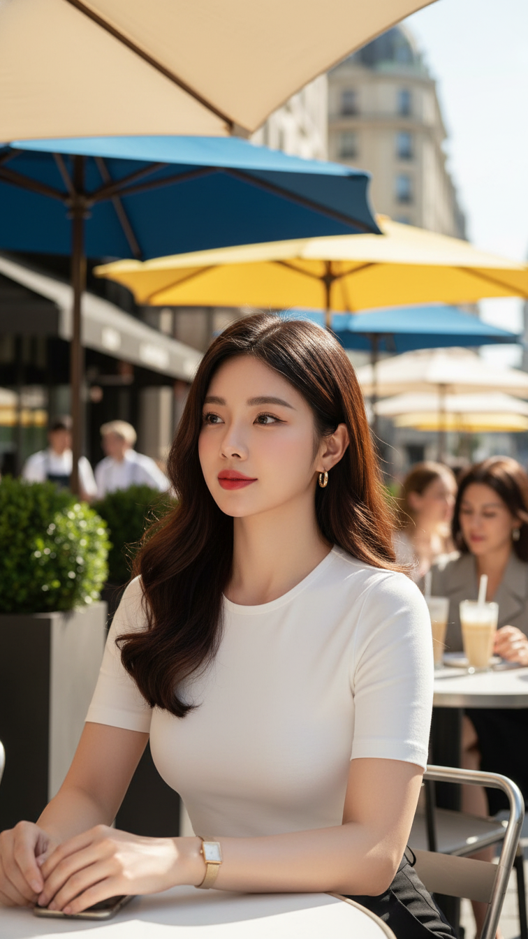 Cô gái trẻ tỏa sáng trong áo trắng tại quán cà phê sang trọng giữa lòng thành phố