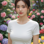 Thời trang nhẹ nhàng giữa vườn hoa với áo cotton trắng và phong cách thanh lịch