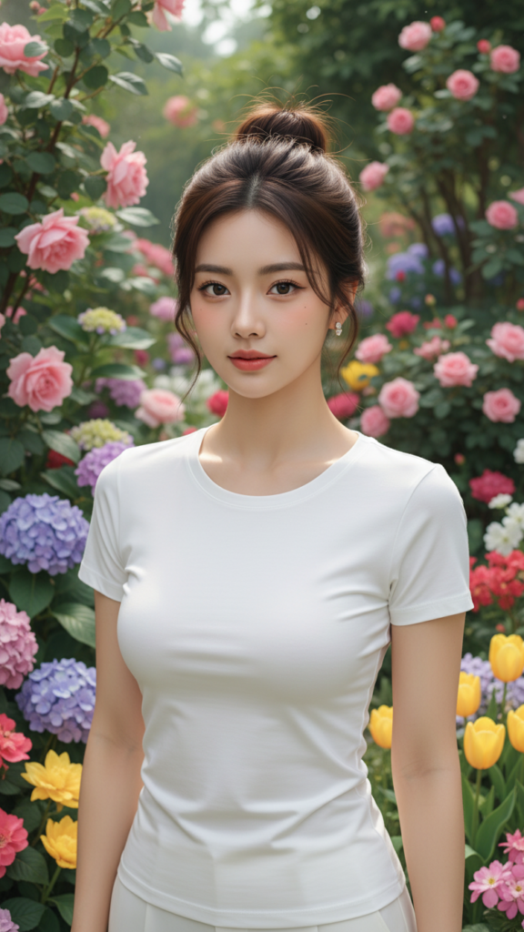 Thời trang nhẹ nhàng giữa vườn hoa với áo cotton trắng và phong cách thanh lịch