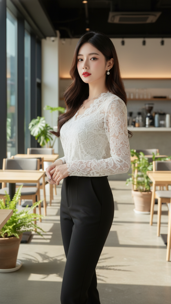 Phong cách tinh tế với áo blouse ren trắng cho quý cô hiện đại tại quán cafe ấm cúng