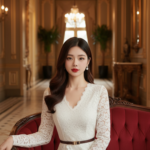 Làn sóng trắng thanh lịch với áo blouse ren dài tay nơi cung điện cổ kính