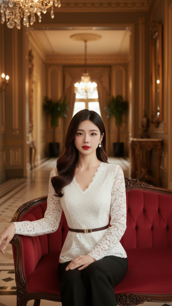 Làn sóng trắng thanh lịch với áo blouse ren dài tay nơi cung điện cổ kính