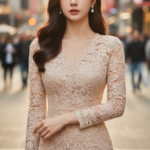 Sang trọng và thanh lịch với váy ren beige giữa phố thị sôi động