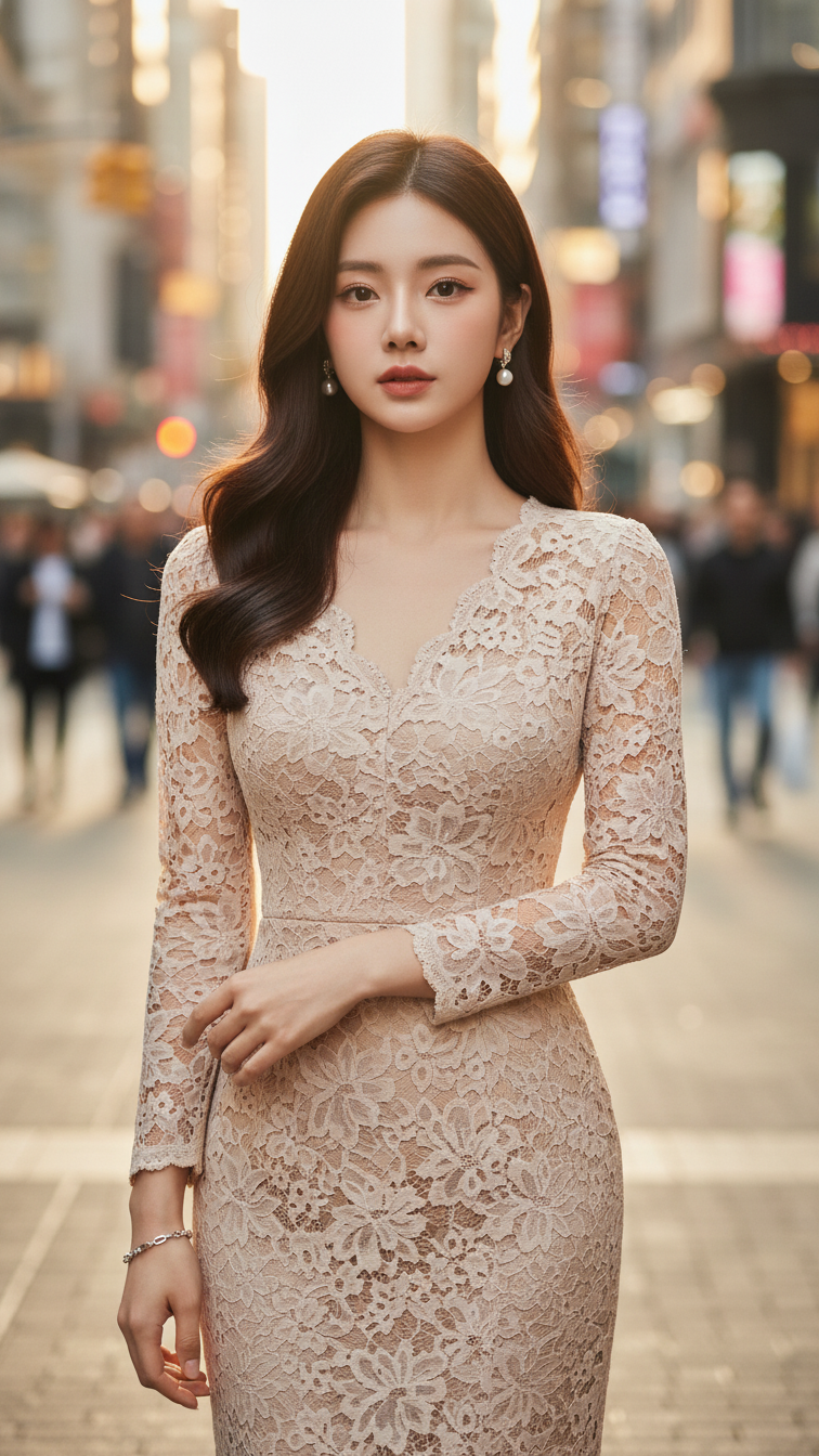 Sang trọng và thanh lịch với váy ren beige giữa phố thị sôi động