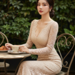 Sang chảnh cùng bộ váy beige tại quán cà phê ngoài trời thanh lịch