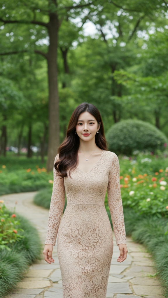 Nàng thơ trong công viên với chiếc đầm bé beige thanh lịch và nhẹ nhàng