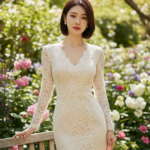 Nét thanh lịch của chiếc đầm ren kem giữa khu vườn nắng rực rỡ