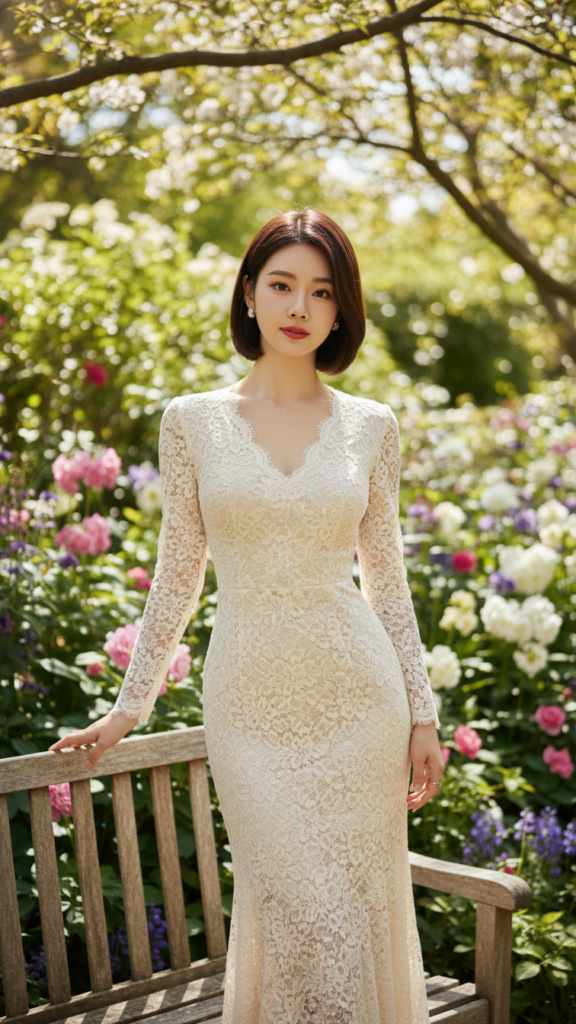 Nét thanh lịch của chiếc đầm ren kem giữa khu vườn nắng rực rỡ