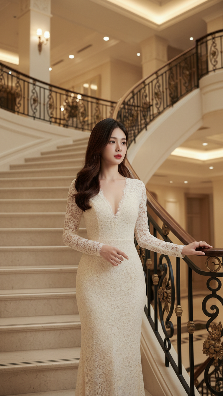 Sang trọng và tinh tế với chiếc đầm ren cream trong không gian cổ điển