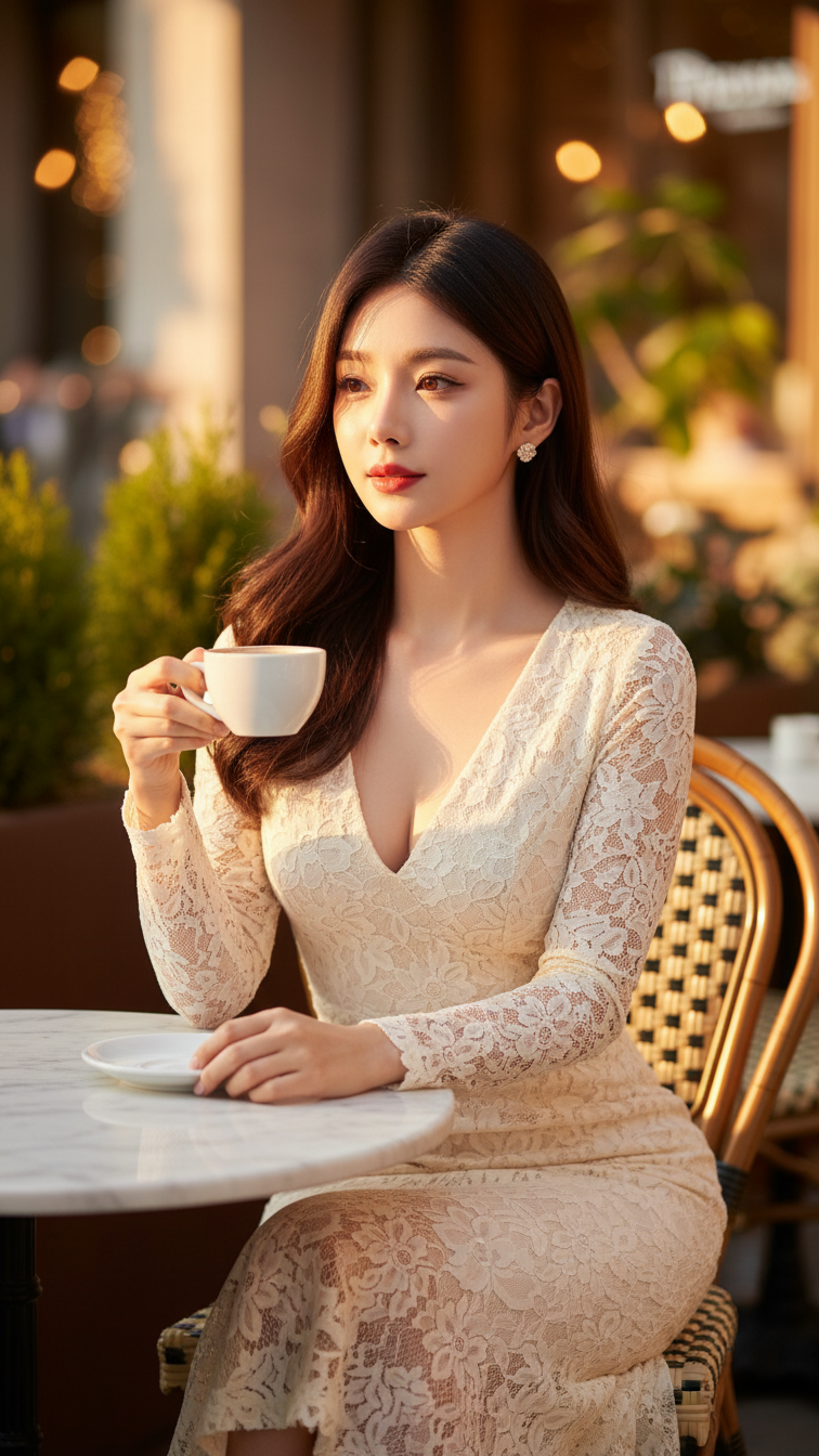 Nhẹ nhàng thanh lịch với váy ren tại quán cafe ngoài trời tuyệt đẹp