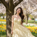 Tỏa sáng mùa xuân với chiếc váy vàng nhẹ giữa công viên nở rộ hoa cherry