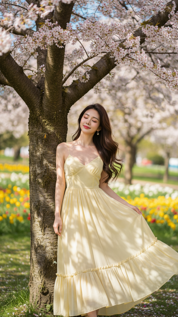 Tỏa sáng mùa xuân với chiếc váy vàng nhẹ giữa công viên nở rộ hoa cherry