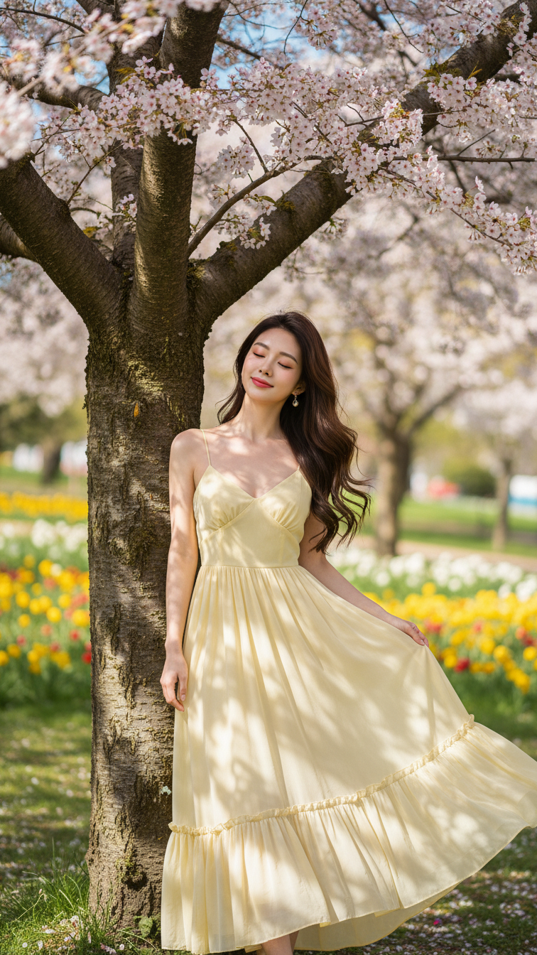 Tỏa sáng mùa xuân với chiếc váy vàng nhẹ giữa công viên nở rộ hoa cherry