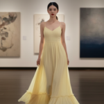 Thời trang thanh lịch với đầm vàng nhẹ tại triển lãm nghệ thuật sang trọng