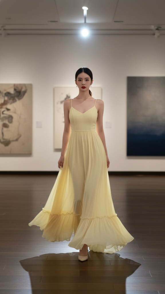 Thời trang thanh lịch với đầm vàng nhẹ tại triển lãm nghệ thuật sang trọng