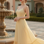 Đầm vàng nhẹ và thanh lịch giữa không gian sang trọng của biệt thự cổ điển