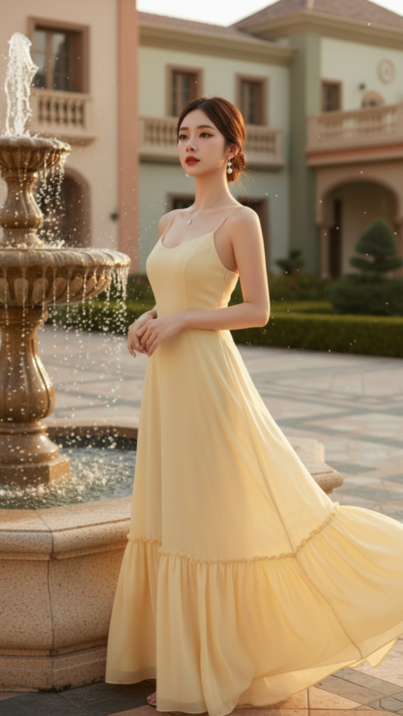 Đầm vàng nhẹ và thanh lịch giữa không gian sang trọng của biệt thự cổ điển