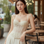 Phong cách nhẹ nhàng với áo corset kem trong không gian quán cafe ngoài trời