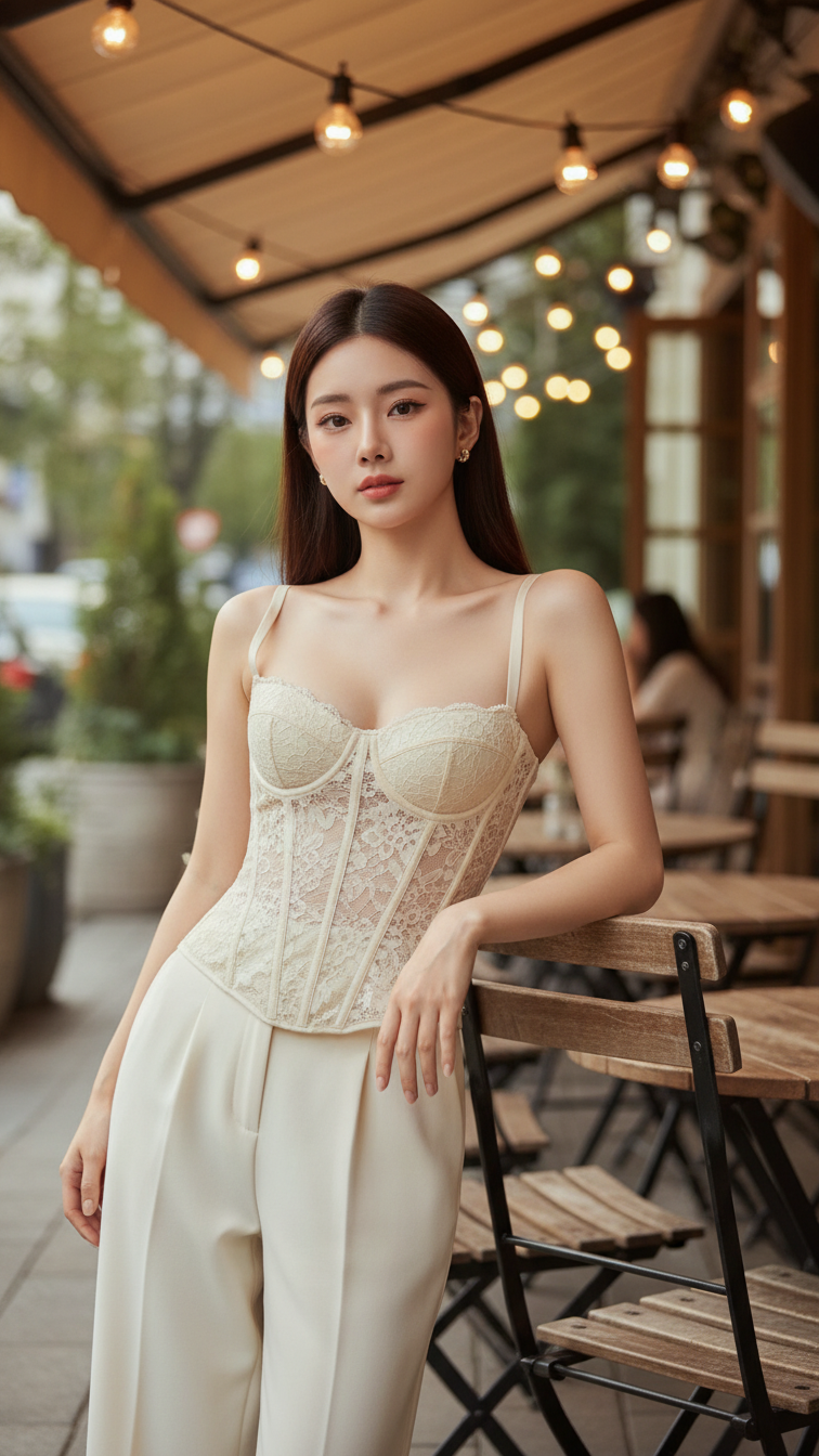 Phong cách nhẹ nhàng với áo corset kem trong không gian quán cafe ngoài trời