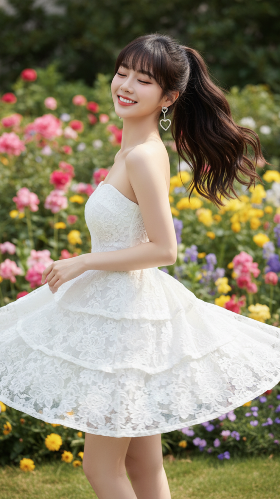 Tỏa sáng với chân váy trắng lượn sóng giữa vườn hoa tươi đẹp