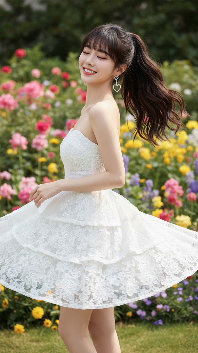 Tỏa sáng với chân váy trắng lượn sóng giữa vườn hoa tươi đẹp