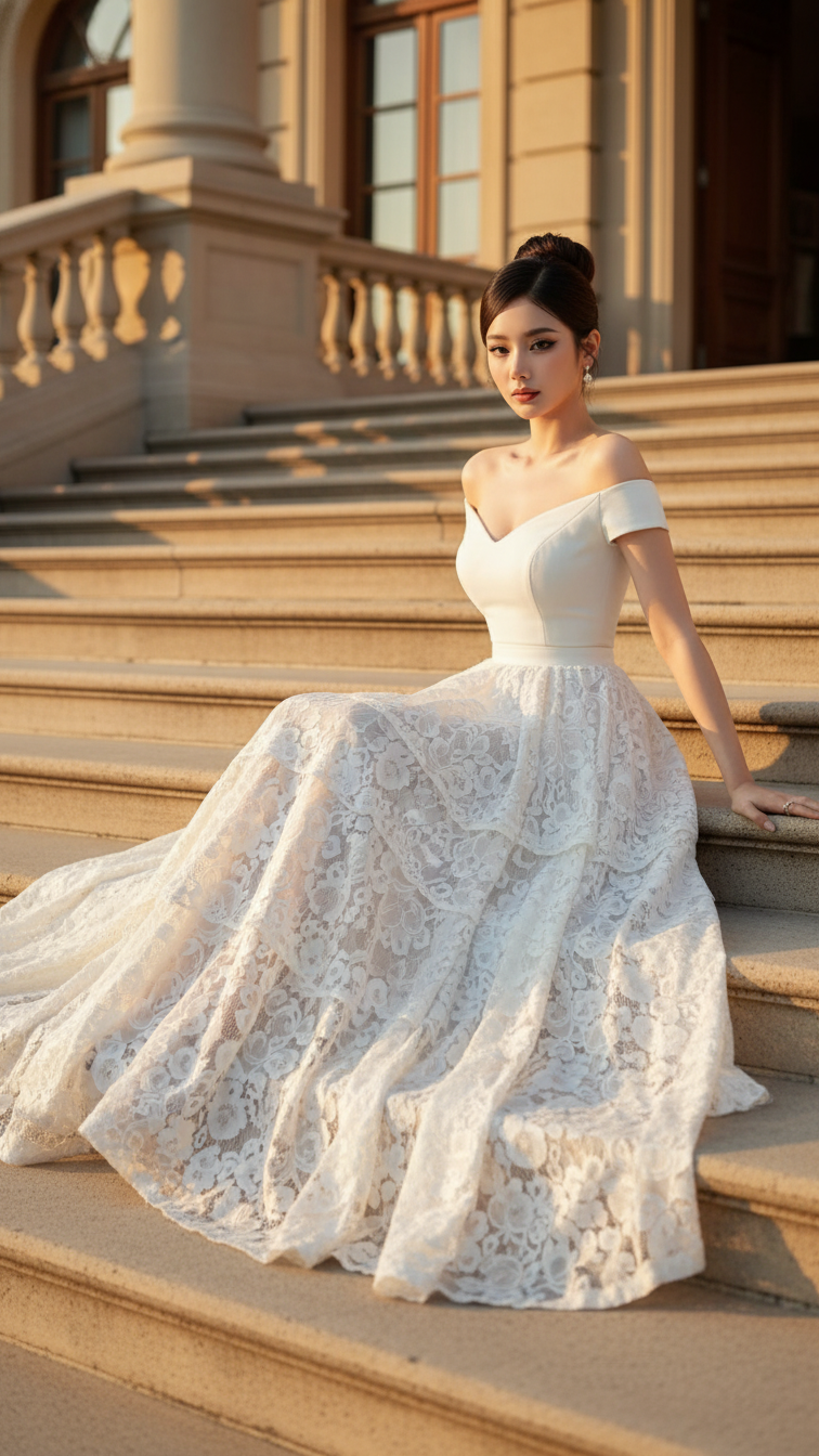 Sang trọng và quyến rũ với chân váy trắng lưng xòe giữa khung cảnh lãng mạn.