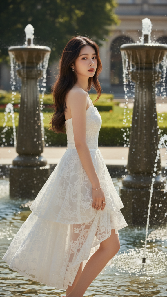 Váy xòe trắng mix cùng thiên nhiên tạo nên vẻ đẹp tươi mới và thanh lịch