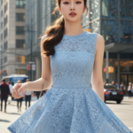 Mặc đẹp với chân váy ren xanh sáng giữa phố phường sôi động