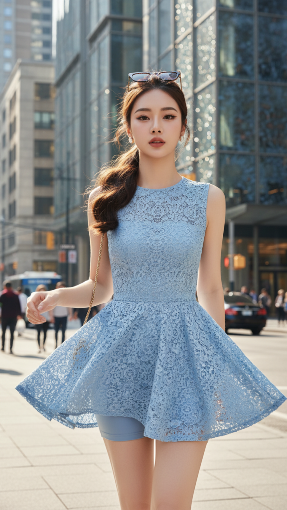 Mặc đẹp với chân váy ren xanh sáng giữa phố phường sôi động