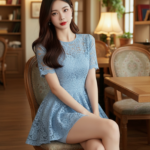 Khiêu gợi phong cách với chân váy ren xanh nhẹ thư giãn trong quán cafe sang trọng