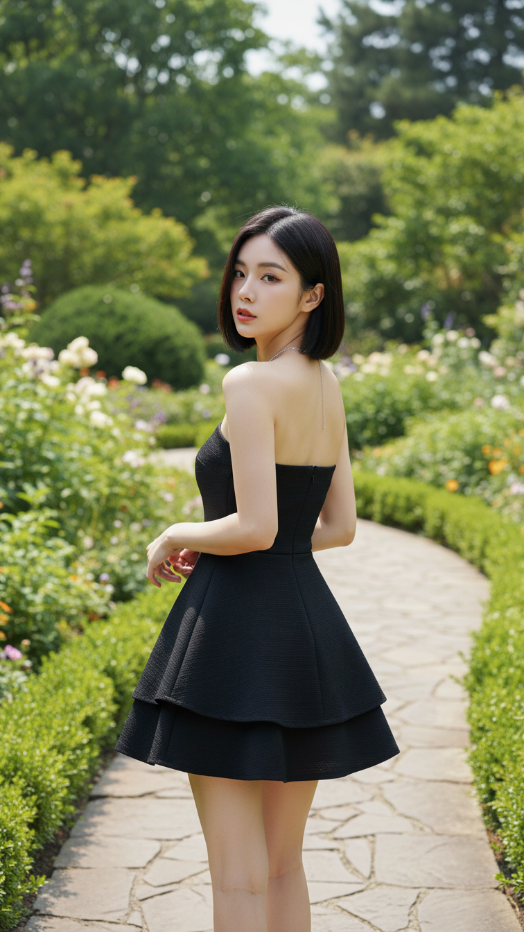Ngắm nhìn phong cách thanh lịch với chân váy đen trong khu vườn tuyệt đẹp