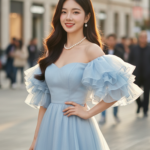 Thời trang nhẹ nhàng với đầm xanh và phong cách thanh lịch trên phố đô thị