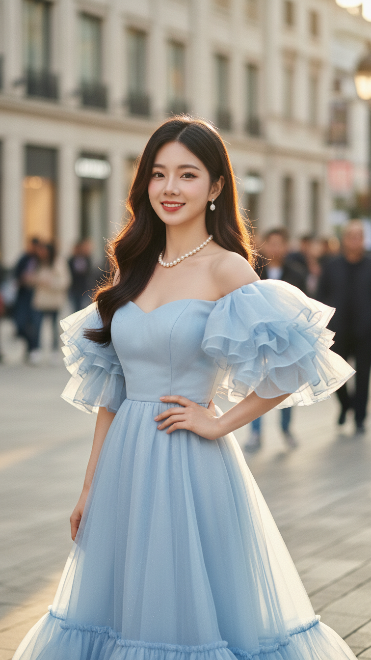 Thời trang nhẹ nhàng với đầm xanh và phong cách thanh lịch trên phố đô thị