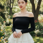 Chân dung thanh lịch của cô gái trẻ trong trang phục thời thượng giữa khu vườn thơ mộng