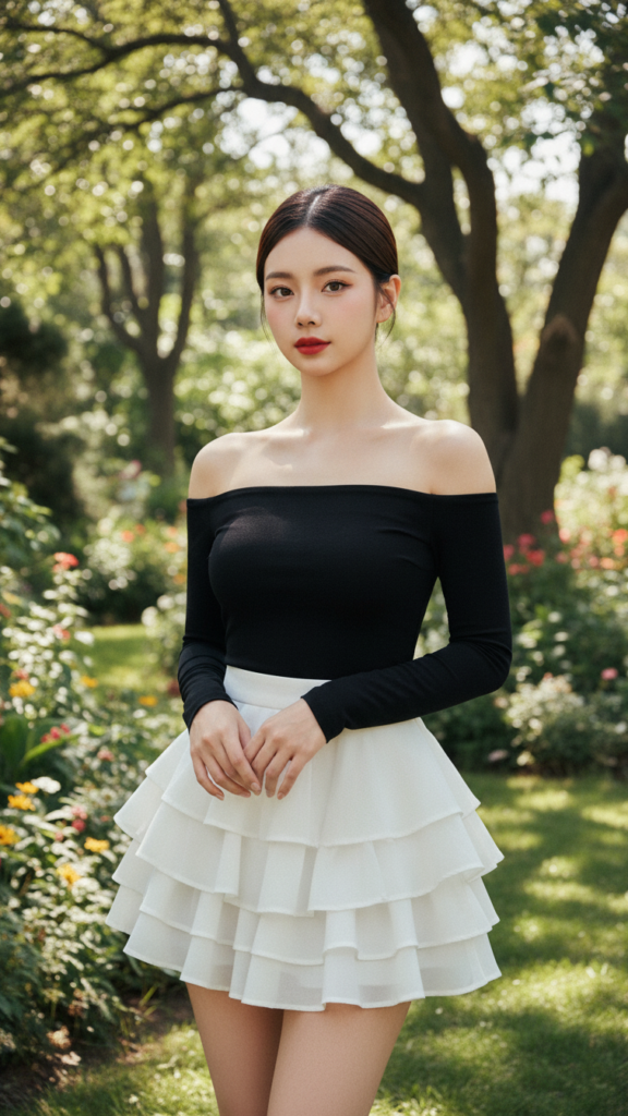 Chân dung thanh lịch của cô gái trẻ trong trang phục thời thượng giữa khu vườn thơ mộng