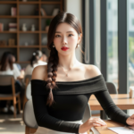 Chân dung nữ sành điệu trong quán cà phê hiện đại với trang phục thời thượng