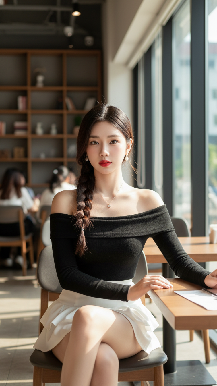 Chân dung nữ sành điệu trong quán cà phê hiện đại với trang phục thời thượng