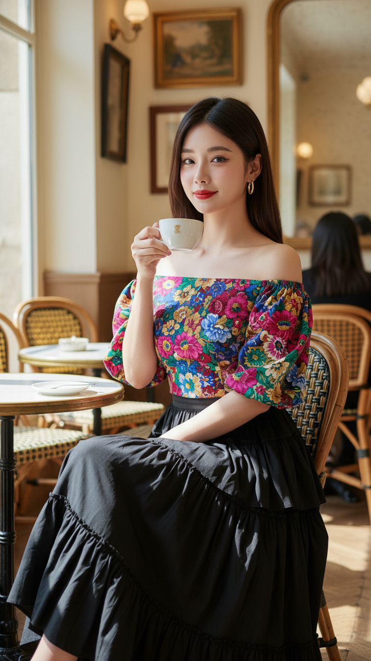 Chân dung thanh lịch của cô gái trẻ tại quán cafe Paris стиль